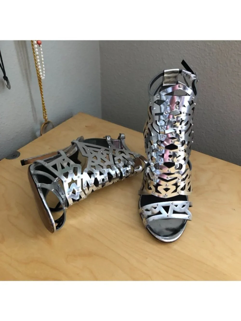 Brian Atwood Laconica Silver Heeled Sandals Women's size 8 EU 38.5 Ankle Strap